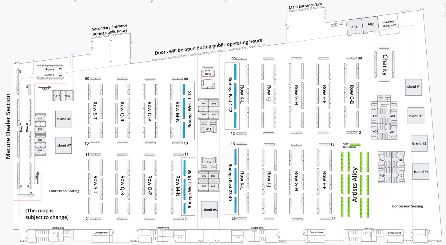 A diagram of the Anthrocon 2026 Dealers Room where different vendors are located.