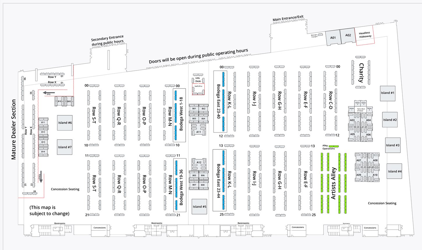 A diagram of the Anthrocon 2026 Dealers Room where different vendors are located.