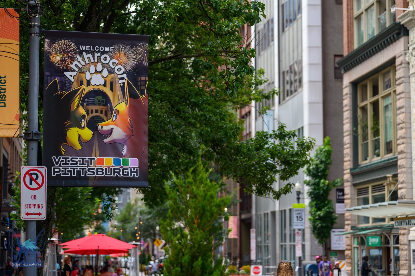A photograph of a Pittsburgh street that has a banner on the right showing the VisitPittsburgh and Anthrocon collaboration banner.